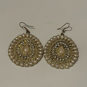 faux Pearl Rhinestone Oval Dangle Earrings